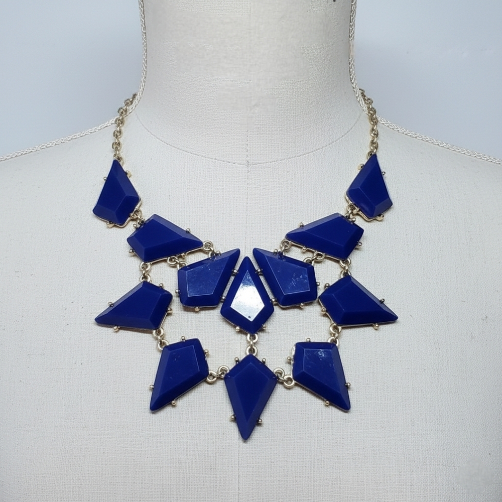 Forever21 17-19" Statement Necklace Blue Plastic Gems Gold Tone Punk Biker Chain